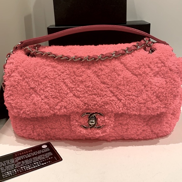 🦄Rare CHANEL Hot Pink Terry Cloth Faux Sherpa Fur Cocoa Beach Abstract Interior - Picture 16 of 16